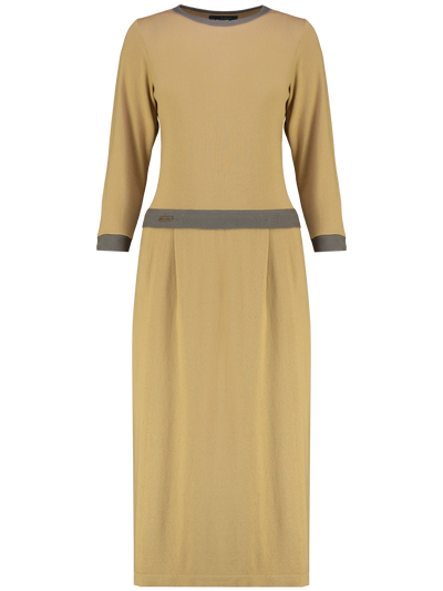 Our Model wearing the Connecticut Dress in the Color Buttermilk with Light Olive Accents.